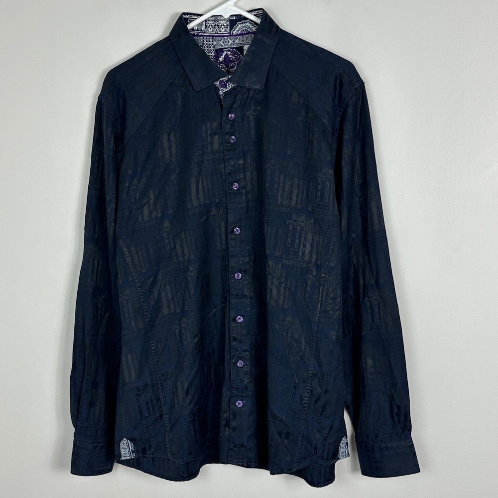 Au Noir Mens Button Down Shirt Sz 5 / XL Long Sleeve Navy Blue Jacquard Pattern